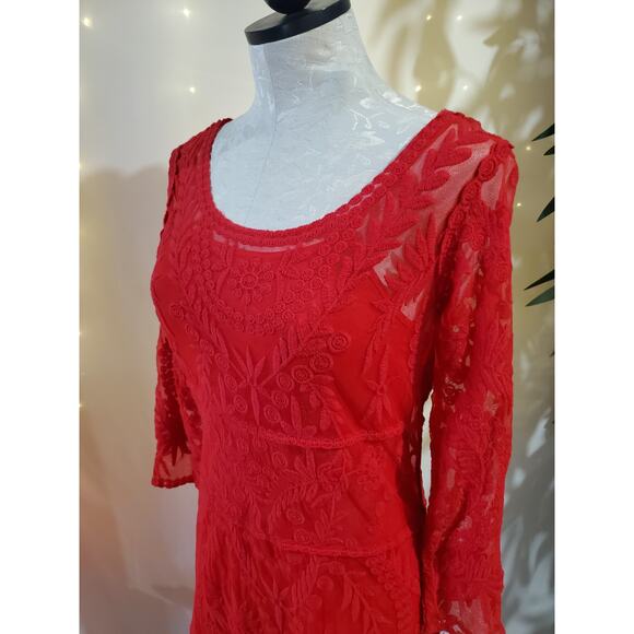 Express Baroque Red Lace 3/4 Sleeve Mini Cocktail Dress Womens Size S Scoop Neck - Picture 4 of 10